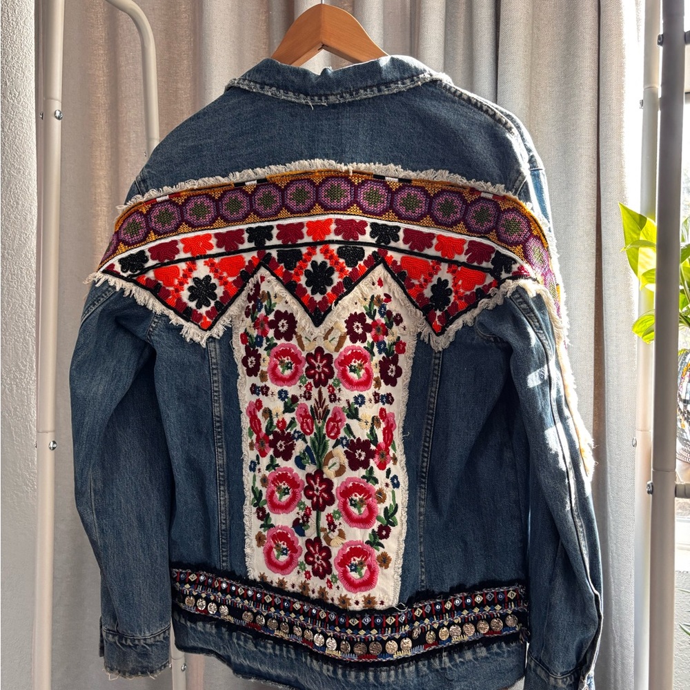 Zara Rome dark denim jacket with beautiful embroidery on back and down the arms.